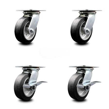 Service Caster 6 Inch Rubber on Aluminum Swivel Caster Set with Roller Bearings 2 Brakes SCC SCC-35S620-RAR-2-SLB-2